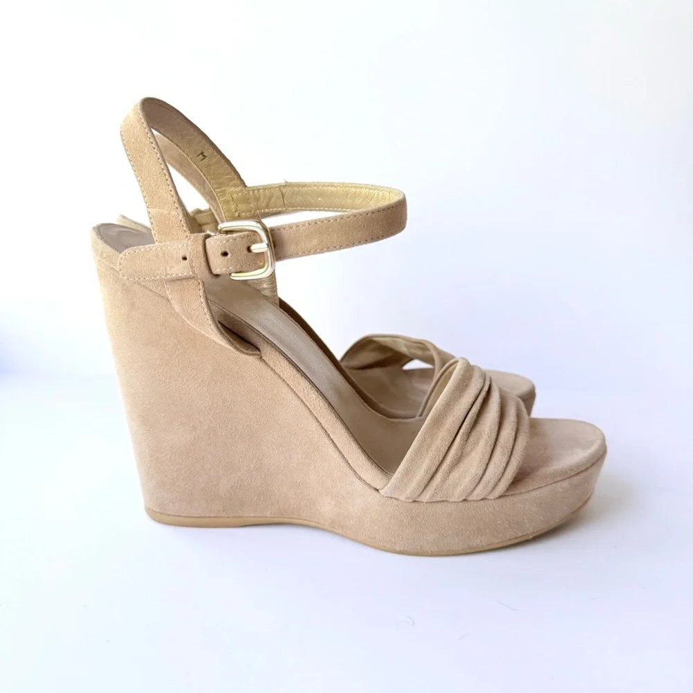Stuart Weitzman Sundraped Tan / Beige Suede Wedge Ankle Strap Sandals 8.5